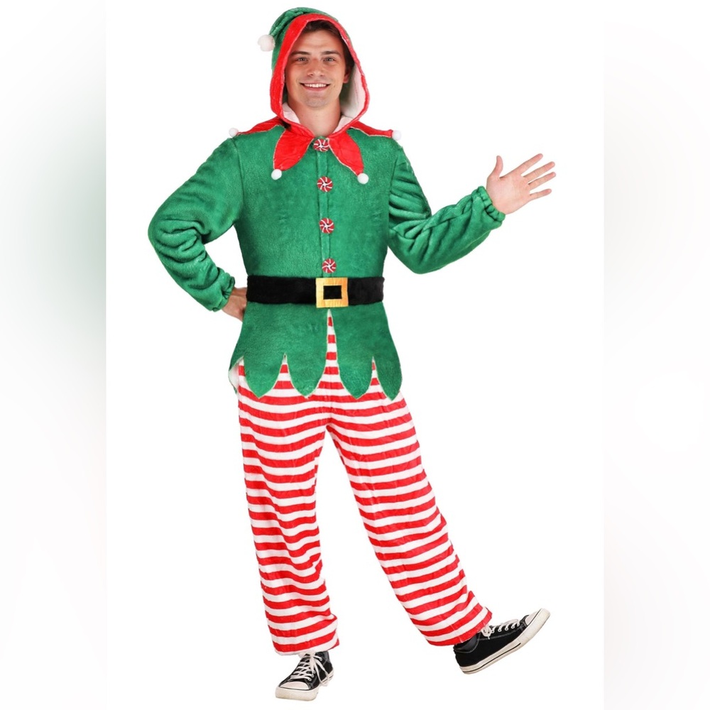 Halloween Costumes Elf Costume Jumpsuit Hooded Red Stripe‎ Belt Junior XL